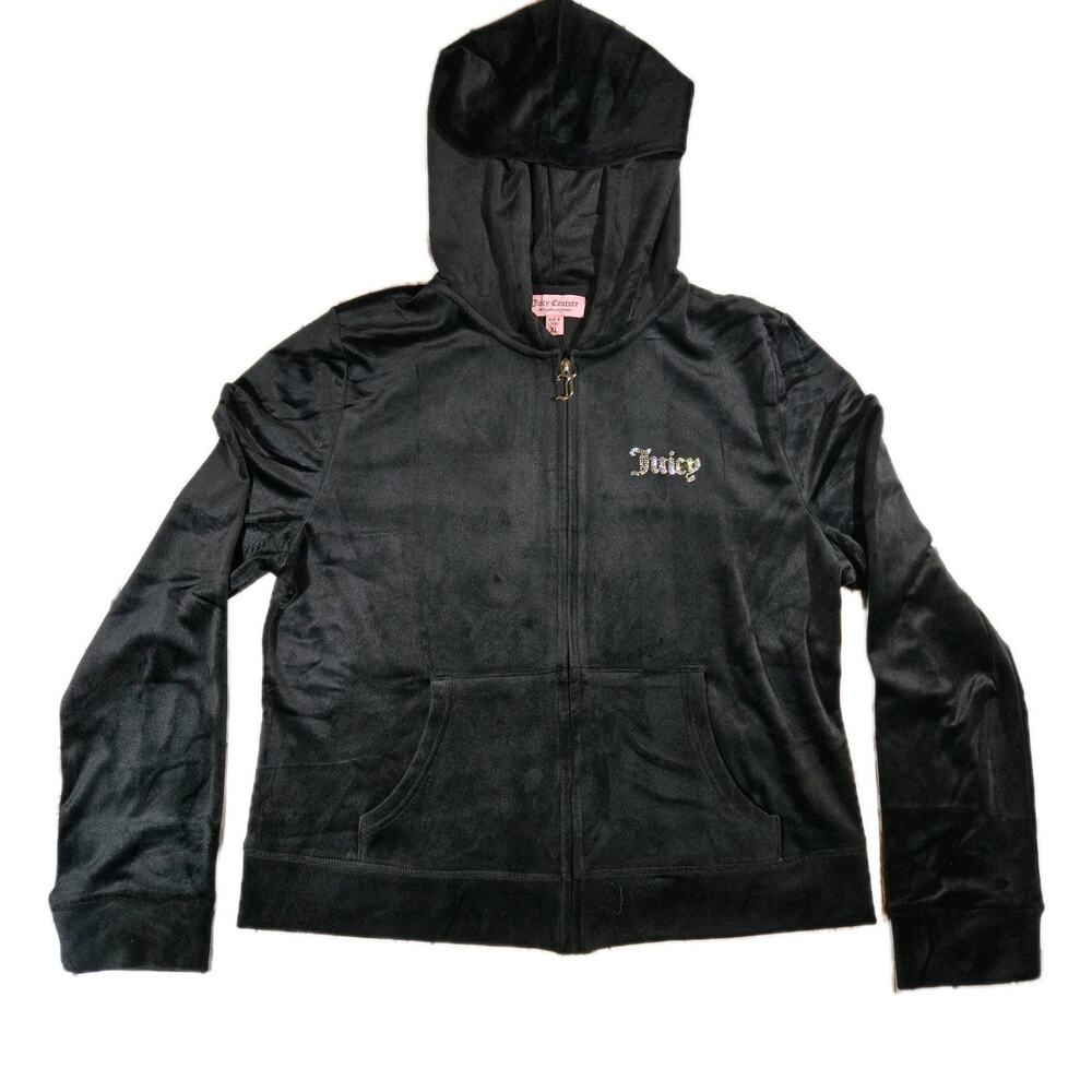 Vtg Juicy Couture Black Velour ZipUp Jacket Y2K Sz XL 2000s McBling Athleisure